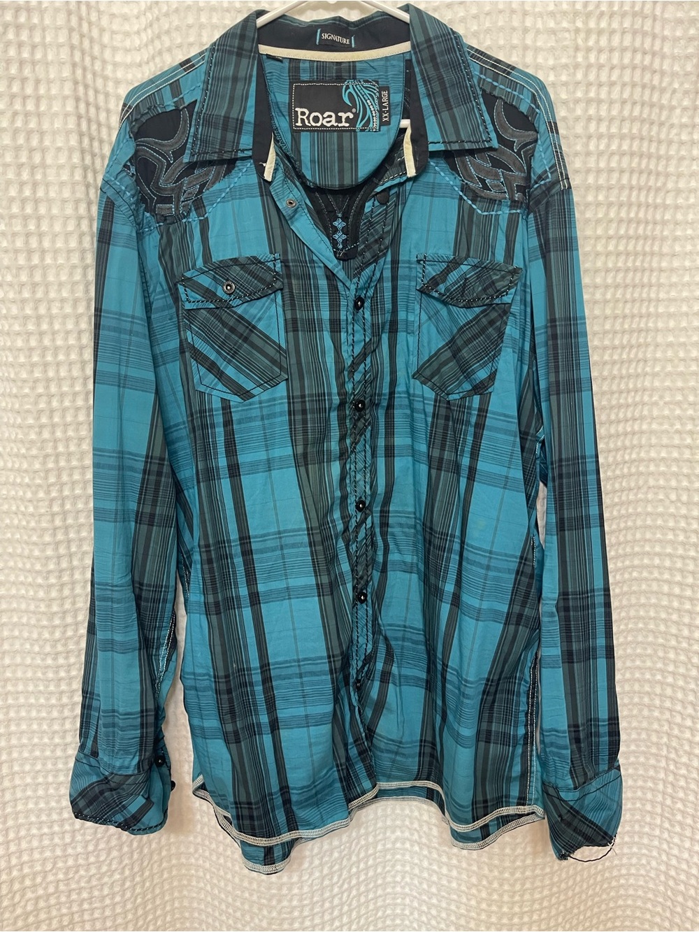 Roar Teal and Black Plaid Button-Down Shirt